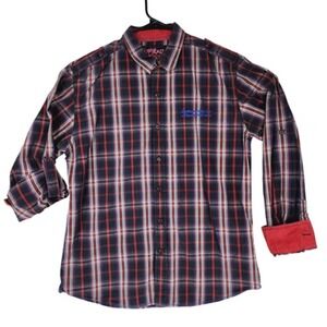 Spykar Button‎ Up Shirt XL Mens Plaid Red Black White Roll Tab Sleeves Western